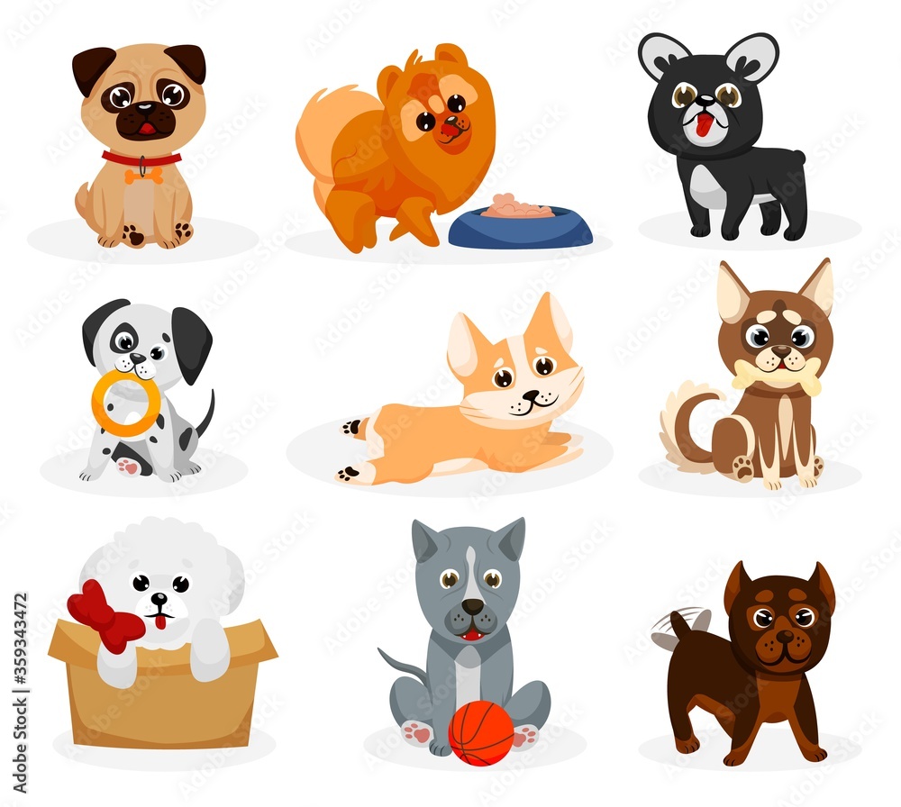 Fototapeta premium Cute doggy set. Isolated playful dog puppies of different breeds icons. Cute cartoon doggy pet animal characters sitting, playing, eating. Bulldog, pug, chow chow, Dalmatian, corgi collection