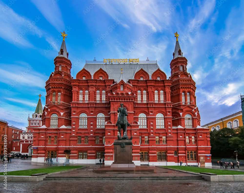 Brick building of the State Historical Museum built in 1881 opposite St. Basil’s Cathedral, Red Square in Moscow, Russia