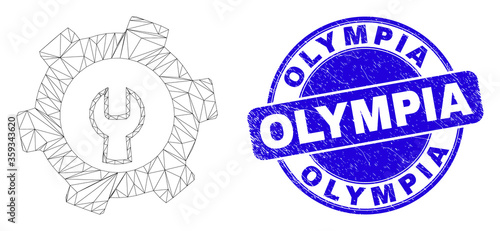 Web carcass repair gear icon and Olympia seal. Blue vector round scratched seal with Olympia message. Abstract carcass mesh polygonal model created from repair gear icon.