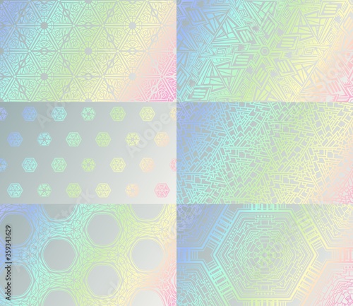 Holographic texture set. Vector gradient hologram iridescent geometric mosaic pattern collection. Abstract neon foil holographic texture background template