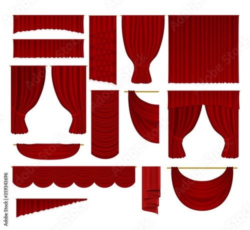 Red curtains set. Isolated vector realistic velvet textile decoration drapery design collection. Luxury open and closed red curtains stage interior decor