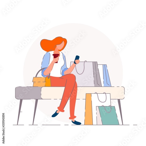 Shopping break. Isolated vector buyer woman person cartoon character relaxing, having break, sitting on bench with shopping bags. Retail store sale and consumerism concept