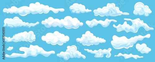 Sky cloud set. Isolated abstract cloudscape on blue sky background. Cartoon white cloud shape icon collection. Summer weather, nature and atmosphere
