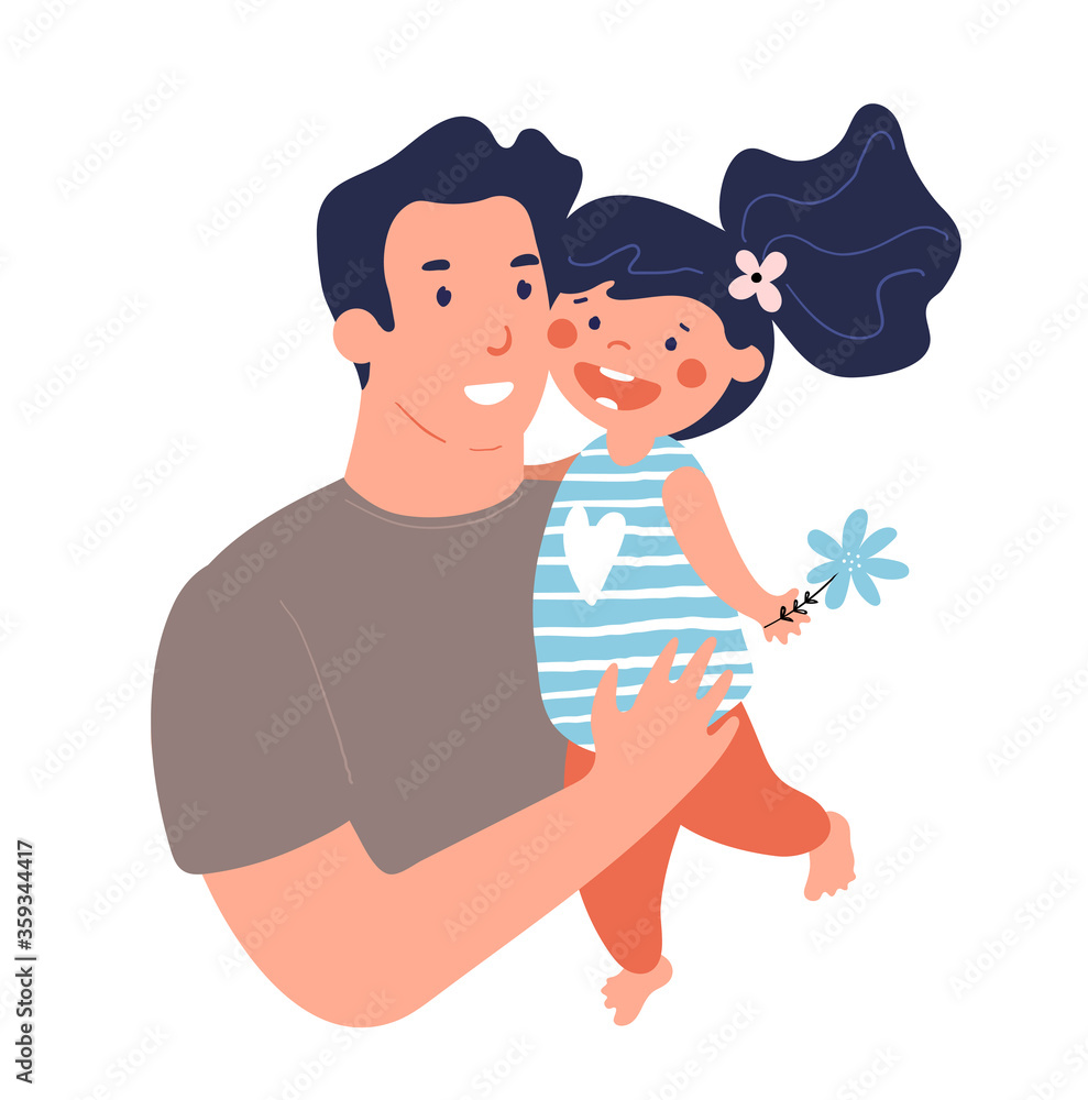 Portrait of a father with daughter. Poster for father s day. Daddy hugs and takes care of his child. Flat cartoon vector illustration isolated on white background Portrait of a father with daughter. Poster for father s day. Daddy hugs and takes care of his child. Flat cartoon vector illustration isolated on white background