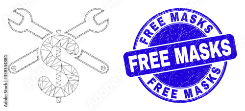 Web carcass repair price icon and Free Masks seal stamp. Blue vector round textured seal with Free Masks phrase. Abstract carcass mesh polygonal model created from repair price icon.