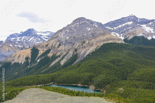 Canadian Mountains with Trees  Rocks  and Lakes