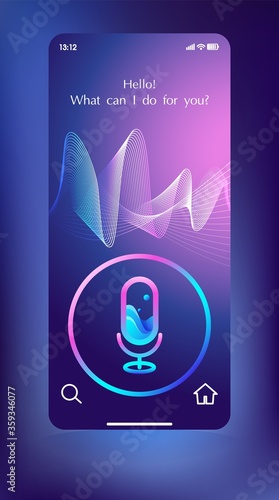 Virtual assistant voice recognition service technology. AI artificial intelligence robot support. Screenshot phone control device, command. Smart screen remote talking template. Vector illustration.