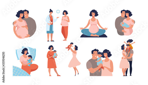Set about pregnancy and motherhood. Dad and mom with a baby, the child is growing, yoga for pregnant women, a happy family. Flat vector cartoon illustration isolated on white background.