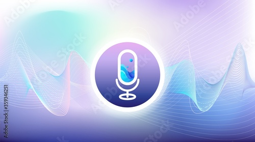 Voice assistant concept with microphone control, sound recognition icon. Artificial intelligence wave. Digital audio spectrum line button. Smart technology virtual AI signal. Vector illustration.