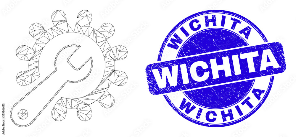 Web mesh repair tools icon and Wichita seal stamp. Blue vector round grunge seal stamp with Wichita phrase. Abstract carcass mesh polygonal model created from repair tools pictogram.