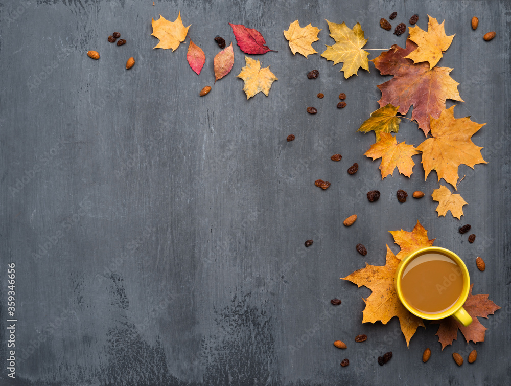 Seasonal autumn background. Frame of colorful maple leaves and a cup of hot drink, coffee, latte or cappuccino, nutmeg and cinnamon over grey. - obrazy, fototapety, plakaty 