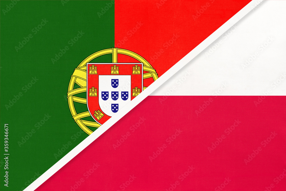 Portugal and Poland, symbol of national flags from textile. Championship between two European countries.