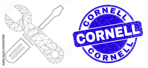 Web carcass repair tools pictogram and Cornell seal stamp. Blue vector round scratched seal stamp with Cornell caption. Abstract carcass mesh polygonal model created from repair tools icon.