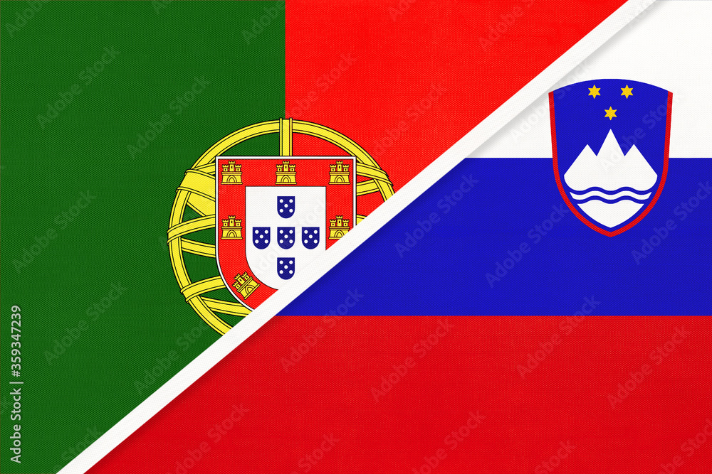 Portugal and Slovenia, symbol of national flags from textile. Championship between two European countries.