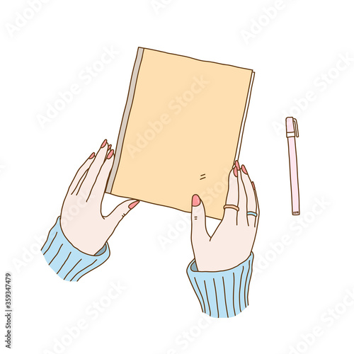 Woman's hands with book and a pen, hand drawn stationery vector doodle illustration, diary book note drawing