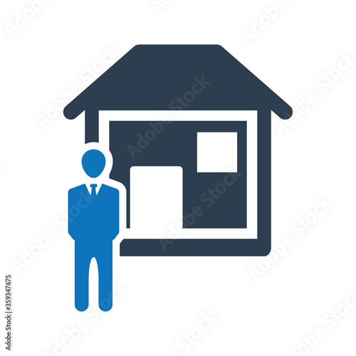 Real Estate Agent Icon. Man standing next to a house icon.