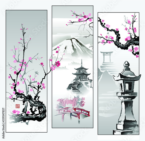 Modular illustration with elements of Japanese culture. Sakura branch, Toro Lantern, Pagoda, Torii Gate. Printing with hieroglyphs - beauty, spring, harmony. Vector.