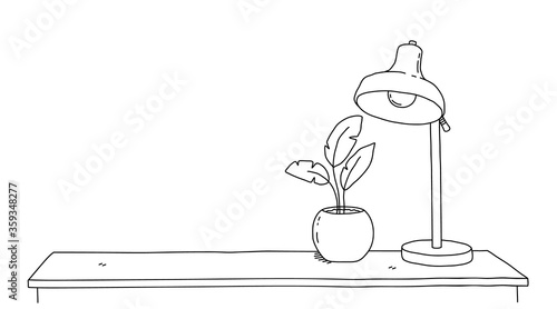 Hand drawn vector doodle of interior plant and a desk lamp on an empty working table