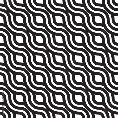 Black and white diagonal seamless pattern with wavy lines