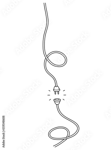 Vertical unplugged electrical socket plug doodle, hand drawn doodle illustration of electrical cables not connected to each other