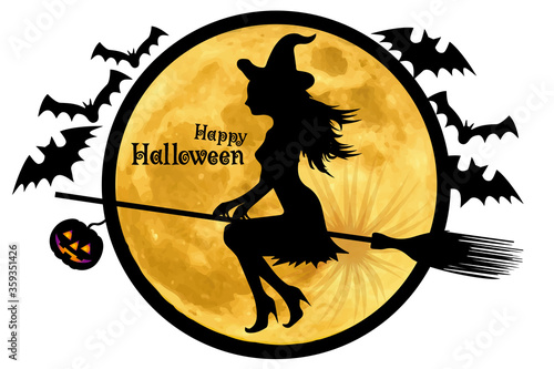 イラストと一体化したハロウィンロゴ 英字 満月と空飛ぶ魔女 Happy Halloween Logo Design Stock Vector Adobe Stock