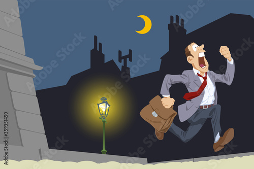 Frightened businessman running around night city. Funny people.