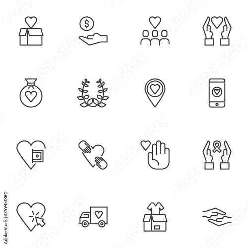 Charity and donation line icons set, outline vector symbol collection, linear style pictogram pack. Signs, logo illustration. Set includes icons as money donate, hand giving heart, awareness ribbon