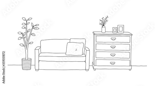 Minimalist interior furniture of sofa with chest of drawers table and interior plant. hand drawn vector doodle illustration interior minimalist design.
