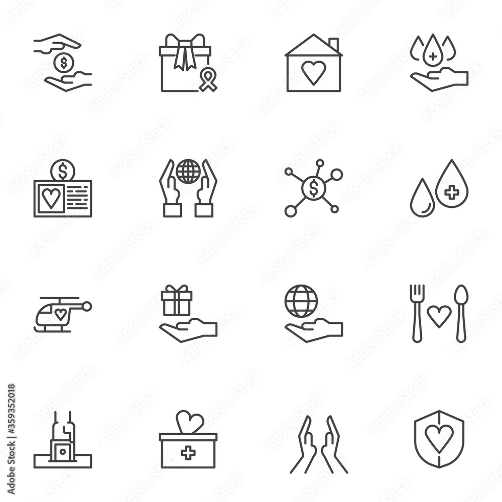 Charity line icons set, outline vector symbol collection, linear style pictogram pack. Signs, logo illustration. Set includes icons as money donation, giving help, blood donation, medical bag, heart Charity line icons set, outline vector symbol collection, linear style pictogram pack. Signs, logo illustration. Set includes icons as money donation, giving help, blood donation, medical bag, heart