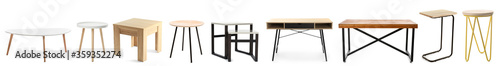 Set of modern tables on white background