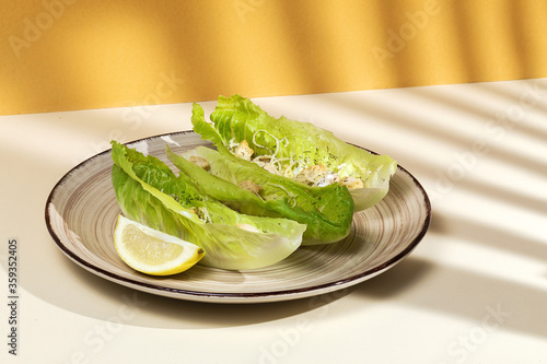 Homemade Caesar salad with chicken, lettuce, lemon, toast, cesar sauce, cheese and garlic