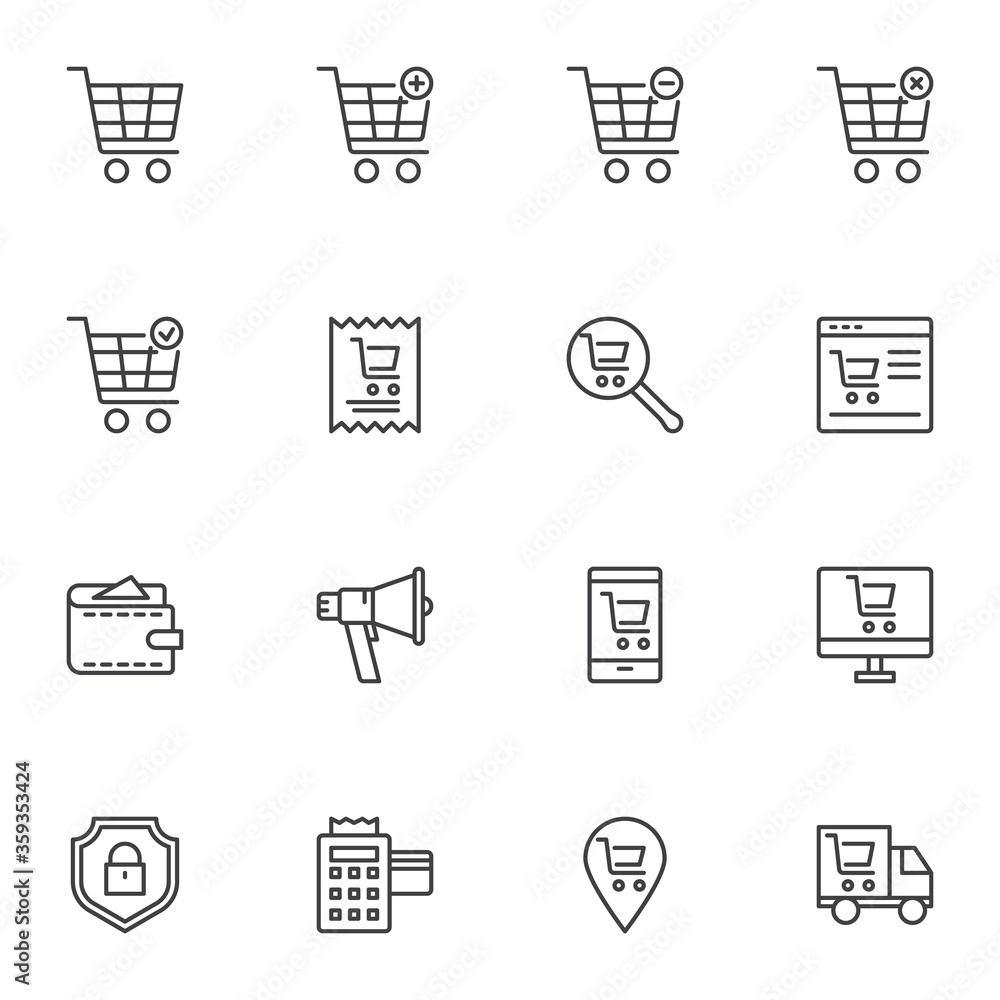 Online shopping line icons set, outline vector symbol collection, linear style pictogram pack. Signs, logo illustration. Set includes icons as shopping cart, purchase payment transaction, delivery Online shopping line icons set, outline vector symbol collection, linear style pictogram pack. Signs, logo illustration. Set includes icons as shopping cart, purchase payment transaction, delivery