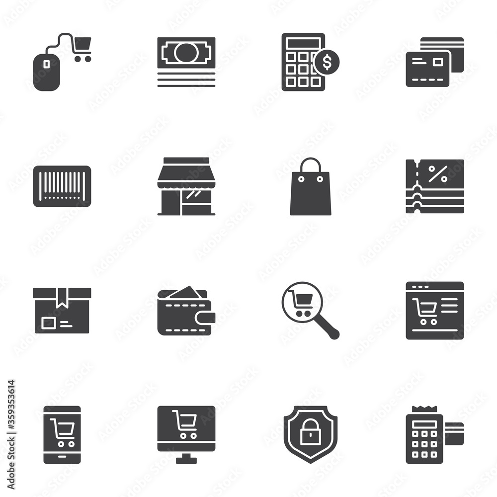 Online shopping vector icons set, modern solid symbol collection, filled style pictogram pack. Signs, logo illustration. Set includes icons as payment service, shopping bag, product search, discount Online shopping vector icons set, modern solid symbol collection, filled style pictogram pack. Signs, logo illustration. Set includes icons as payment service, shopping bag, product search, discount