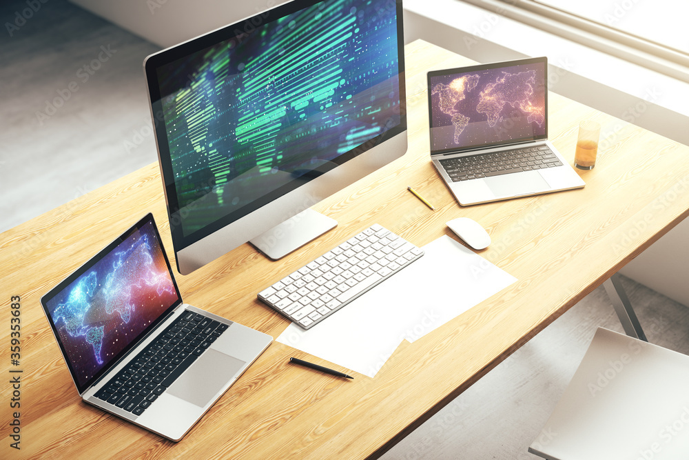 Abstract graphic world map on modern laptop screen, connection and communication concept. 3D Rendering Abstract graphic world map on modern laptop screen, connection and communication concept. 3D Rendering