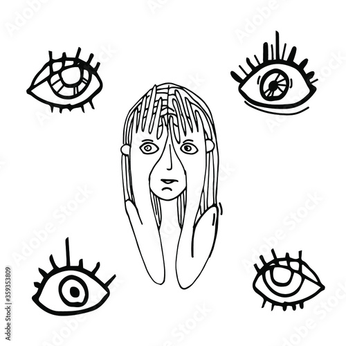 line art illustration of an abstract face surrounded by four large eyes. Minimalist hand-drawn contour drawing suitable for mystical projects, posters, cards, logos, esoteric themes, and symbolic artw