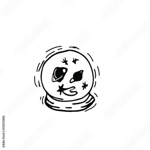 line art illustration of a crystal ball with stars and planets inside. Minimalist hand-drawn contour drawing suitable for mystical projects, posters, cards, logos, and esoteric design themes.