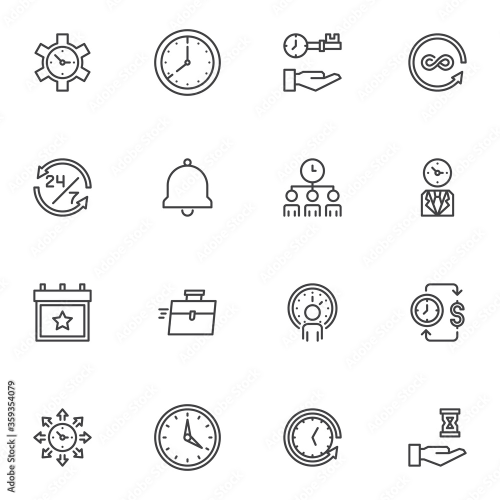 Business and time management line icons set, outline vector symbol collection, linear style pictogram pack. Signs, logo illustration. Set includes icons as work reminder, working hours, clock time Business and time management line icons set, outline vector symbol collection, linear style pictogram pack. Signs, logo illustration. Set includes icons as work reminder, working hours, clock time
