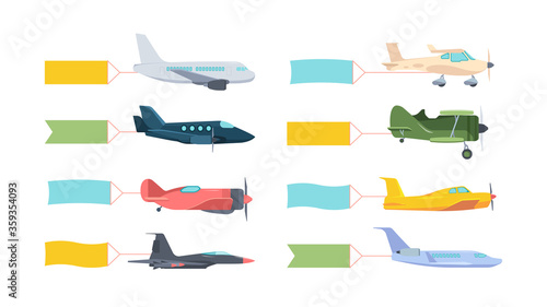 Airplanes with banner set. Modern retro aircraft with fluttering color poster on tail powerful combat fighter airliner motor yellow private high speed green training blue. Cartoon banner vector.