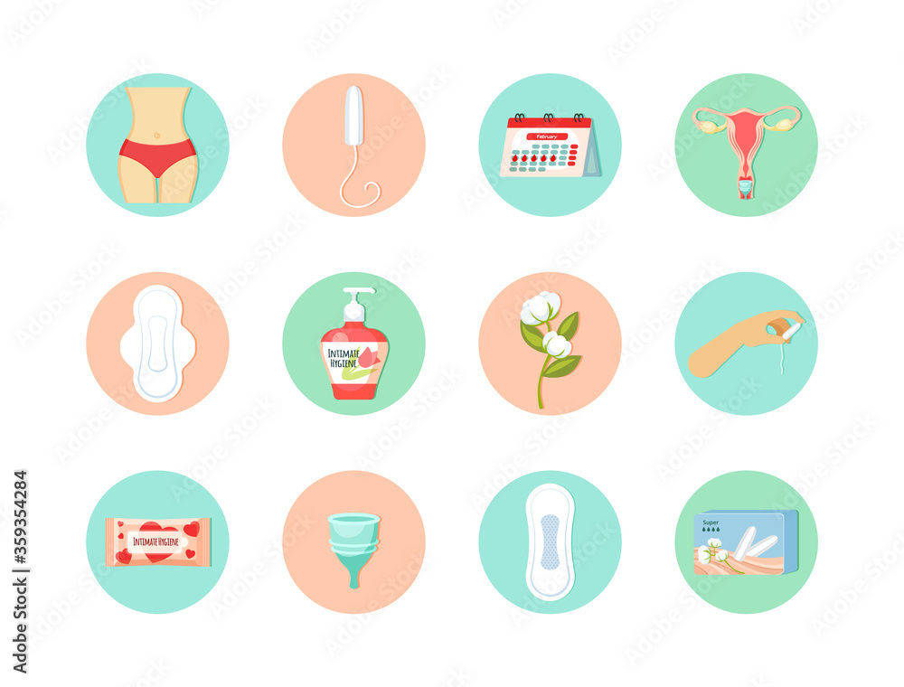 Womens menstrual days set. Intimate hygiene gel box tampons pads different absorption systems calendar cycle time menstrual cup uterine structure wet hygienic wipes. Flat symbol vector. Womens menstrual days set. Intimate hygiene gel box tampons pads different absorption systems calendar cycle time menstrual cup uterine structure wet hygienic wipes. Flat symbol vector.