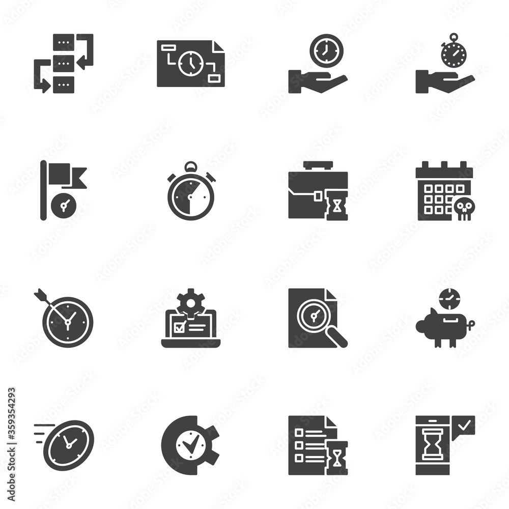 Time management vector icons set, modern solid symbol collection, filled style pictogram pack. Signs logo illustration. Set includes icons as deadline, stopwatch chronometer, goal, clock time, planner Time management vector icons set, modern solid symbol collection, filled style pictogram pack. Signs logo illustration. Set includes icons as deadline, stopwatch chronometer, goal, clock time, planner