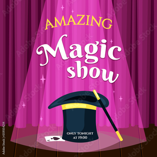 Amazing magic show placard illustration. Evening poster invitation mystical performance wizards best mysterious sorcerers stage will show superior tricks witchcraft. Magic vector cartoon.