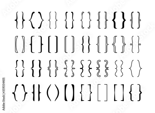 Braces calligraphic large set. Decorative frames curly ornament words white background creative art text decoration semicircular square abstract elements elegant contemporary design. Openwork vector.