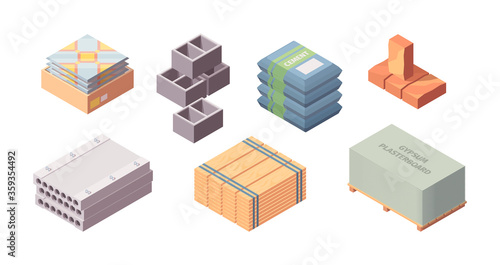 Construction materials building isometric set. Box with tiles large concrete blocks gray cinder block packaging cement bags wooden board red brick gypsum plasterboard container. Cartoon vector style