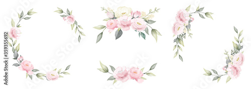 Set of rose flower watercolor frame wreath design pink and white bouquet flower design vector.