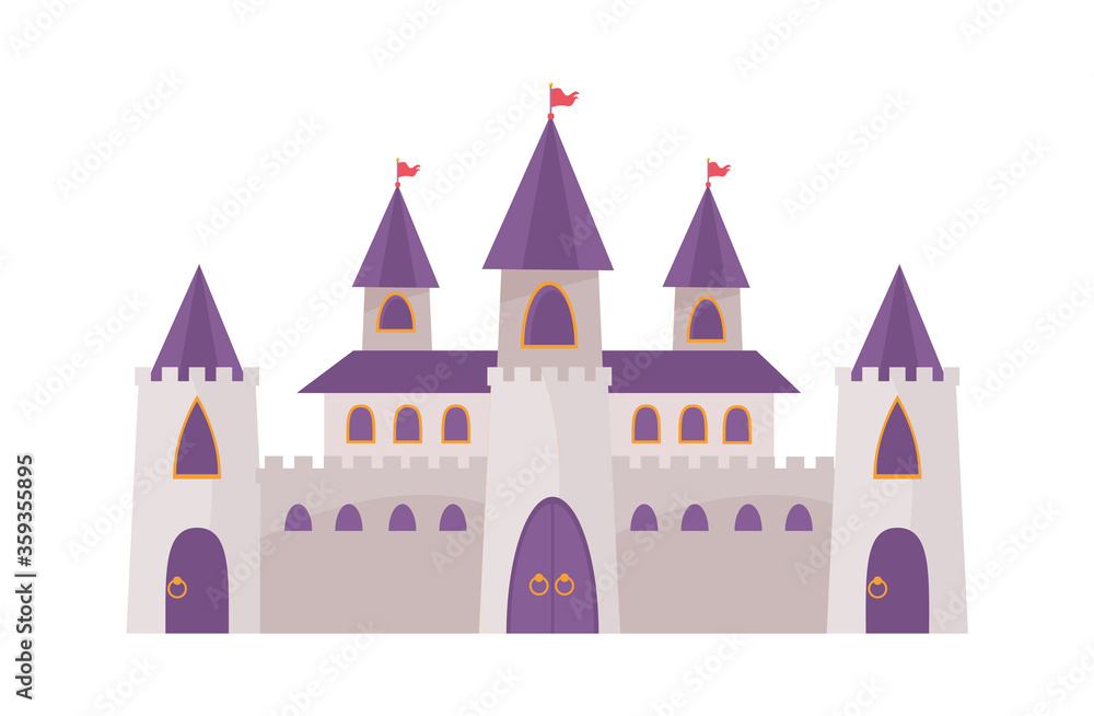 Fairytale romanesque castle. Impenetrable wall three purple gates towers red flags powerful residential building with two observation towers colorful fantasy citadel. Cartoon beautiful vector.
