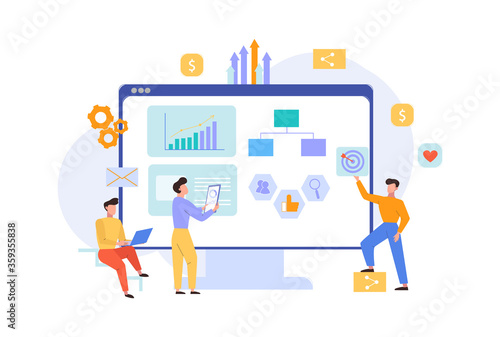 Strategy website seo analytics illustration. Analysts marketers studying site for traffic collection of infographic information digital optimization charts innovation web strategy. Vector flat.