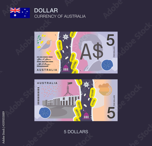 Currency of Australia. Flat vector illustration of australian five dollars.