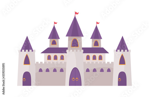 Fairytale romanesque castle. Impenetrable wall three purple gates towers red flags powerful residential building with two observation towers colorful fantasy citadel. Cartoon beautiful vector. © alex_cardo