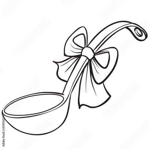 sketch, soup ladle for borscht which is presented and it is tied with a big bow, cartoon illustration, coloring, isolated object on a white background, vector illustration,