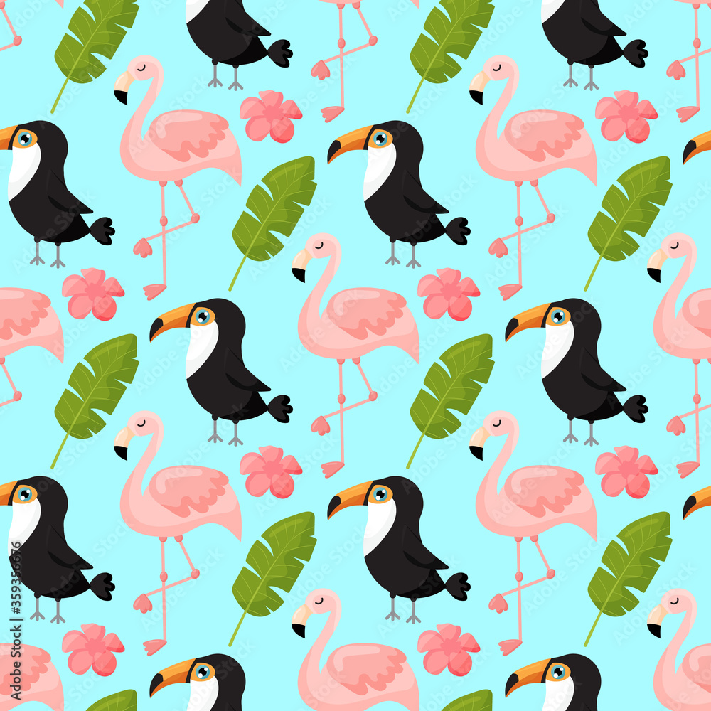 Tropical seamless pattern with toucan, flamingos and exotic leaves. Vector illustration. 